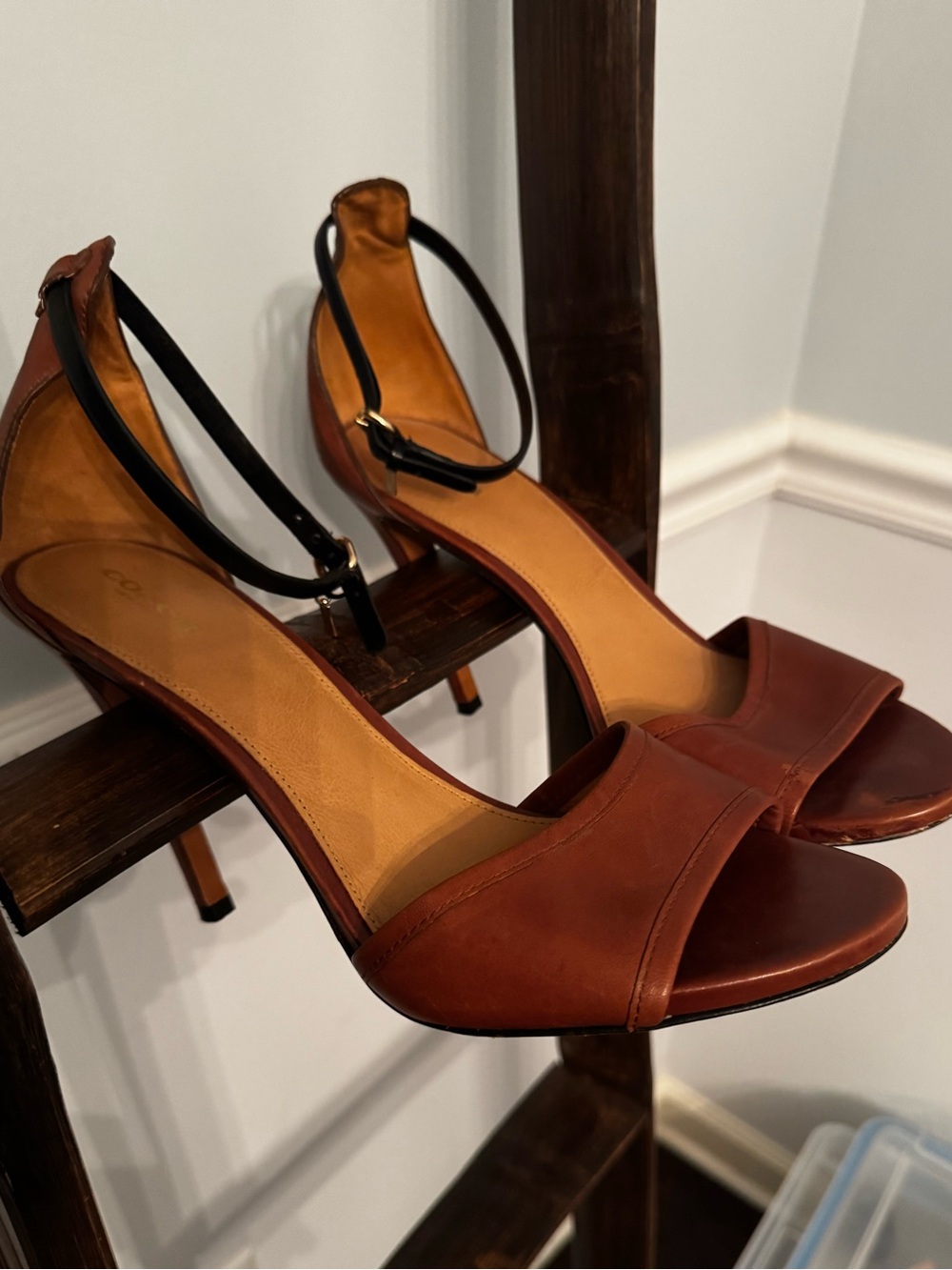 COACH Women's Brown Leather Open-Toe Heels with Black Ankle Strap, Sz 11